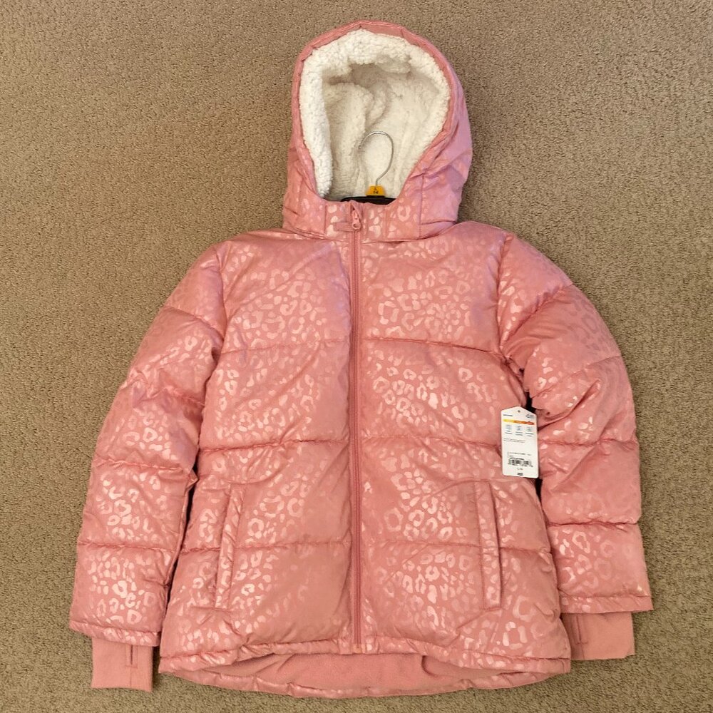 NWT Cute girls pink puffer animal print warm coat with detachable sherpa hood